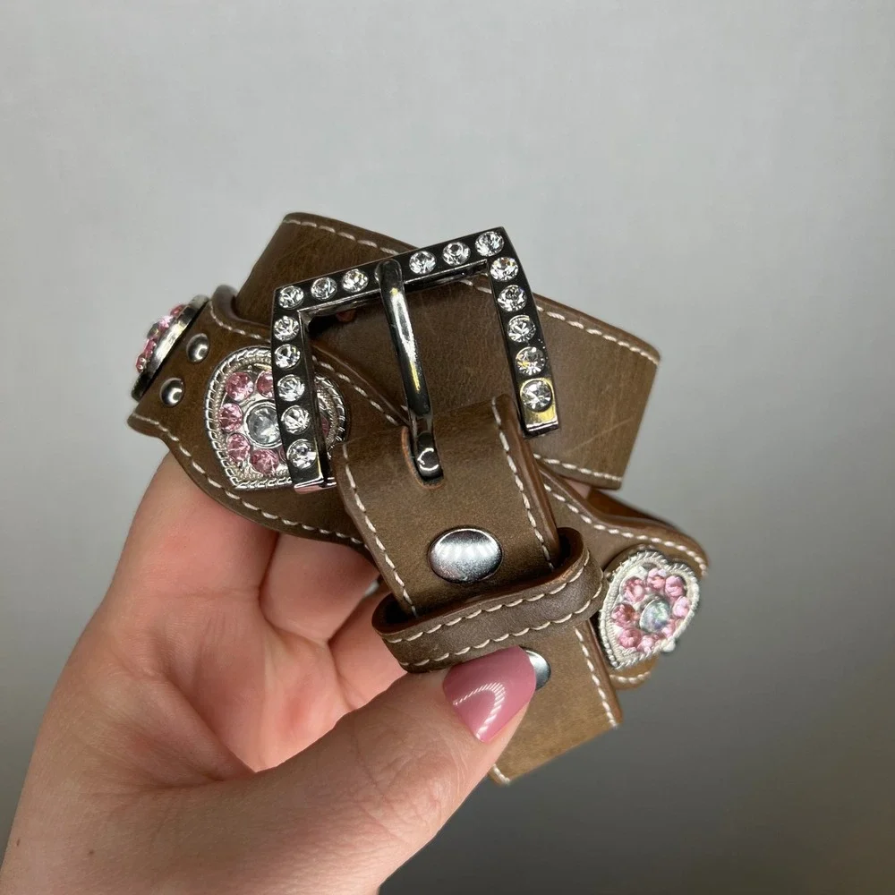 Nocona Kids Brown Leather Rhinestone Heart Conch Western Belt N4427044 Size 22 - Picture 1 of 8